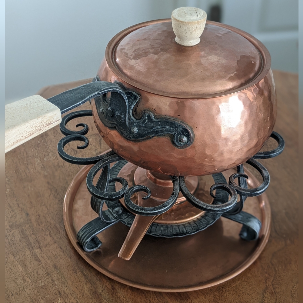 MID CENTURY SWISS MADE COPPER SAUCEPAN ON STAND/fondue set, saucepan with - Picture 3 of 12